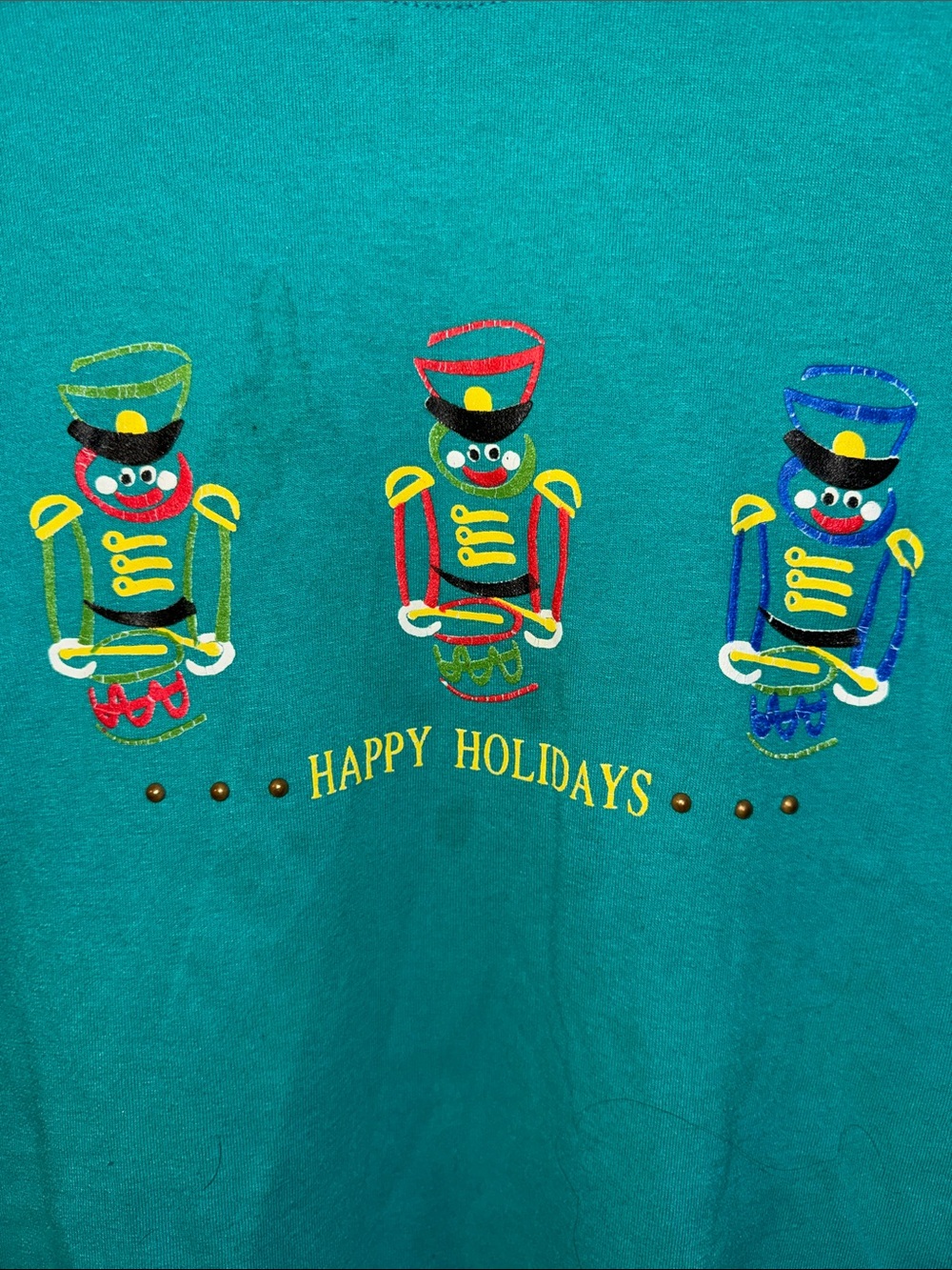 Vintage Gildan Teal “Happy Holidays” Toy Soldier Tee Large Cut Hem